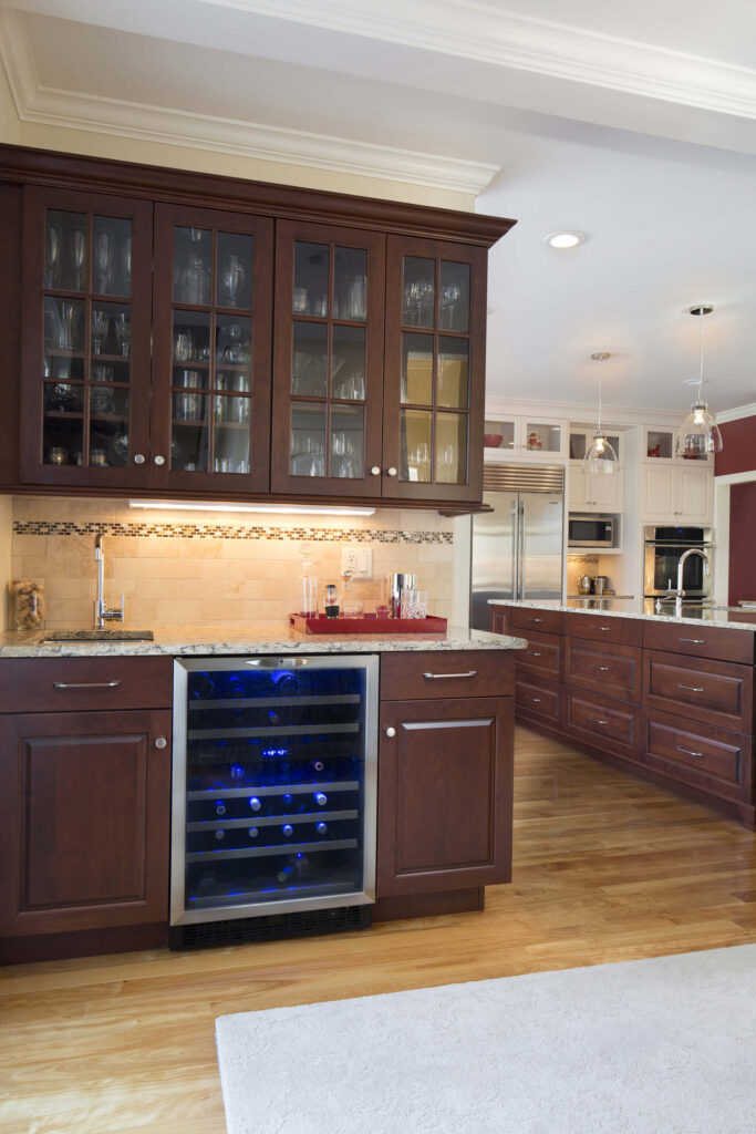 dark mahogany overhead cabinet with two cabinets and stove