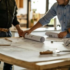 Two architects reviewing blueprints on a table during construction planning.