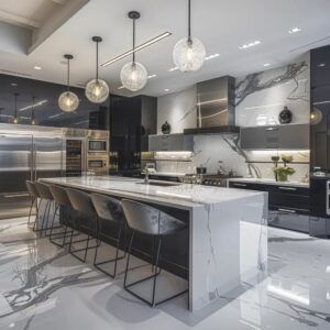 Modern luxury kitchen with marble island, pendant lighting, black cabinets, stainless steel appliances, and sleek contemporary design.