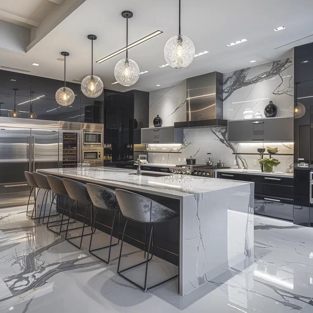Modern luxury kitchen with marble island, pendant lighting, black cabinets, stainless steel appliances, and sleek contemporary design.