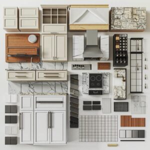 "Flat lay of kitchen design materials including cabinets, countertops, backsplash tiles, hardware, and fixtures."