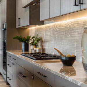 Modern kitchen with textured backsplash, gas cooktop, marble countertop, and contemporary cabinetry.