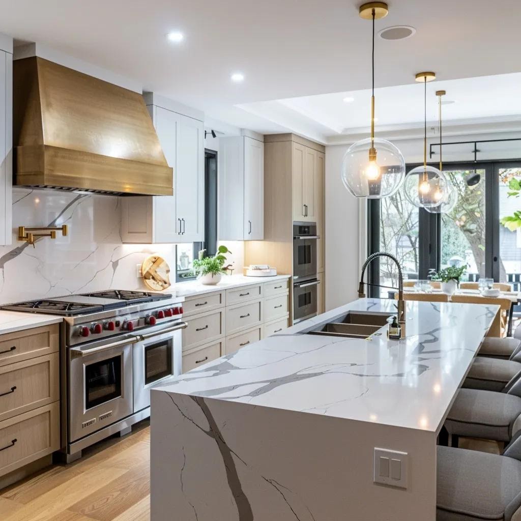 Modern kitchen with marble island, gold range hood, pendant lights, and light wood cabinetry.