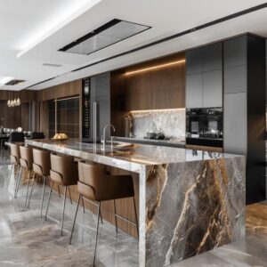 Modern luxury kitchen with large marble island, brown chairs, dark cabinets, and sleek contemporary design.